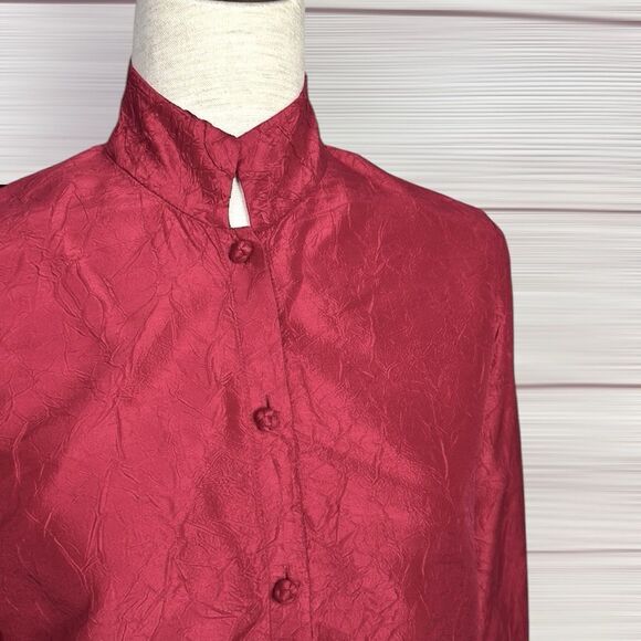 NWOT Eileen Fisher Vine Red Textured Silk Blouse Chinese Style Relaxed S petite - Picture 2 of 12